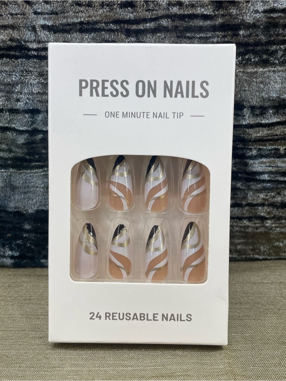 Silver White Nude Swirl Design Press On Nails (24 Reusable Nails)